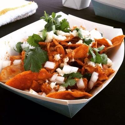 Red Chilaquiles with chicken.