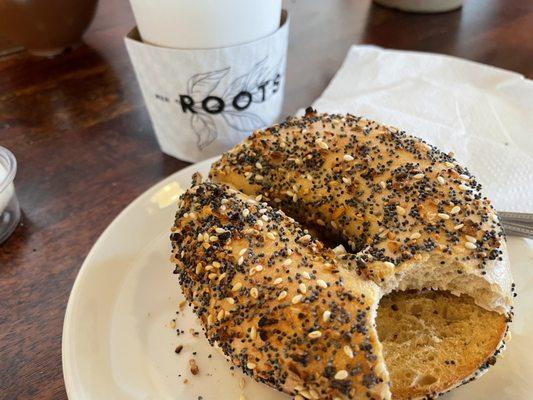 Everything bagel and a large drip coffee.