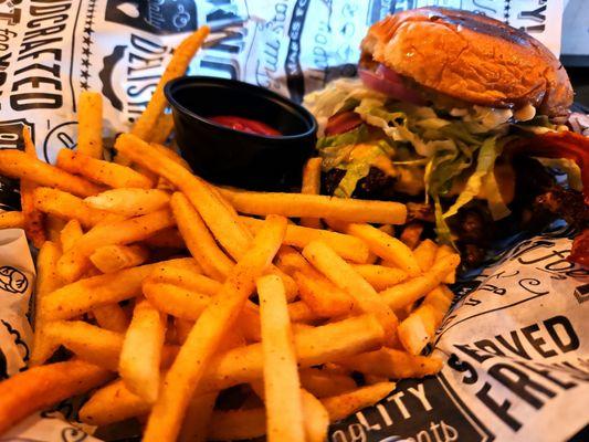 Cheeseburger with bacon and fries!