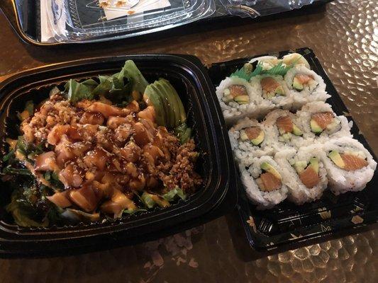 Salmon poke bowl and fresh salmon roll