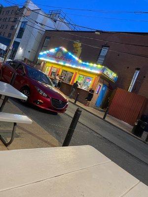 Side street with picnic tables