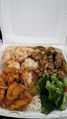 This is a huge lunch box $6.99 for 3 entrees and half rice half veggies. It took me over 5 hours to finish