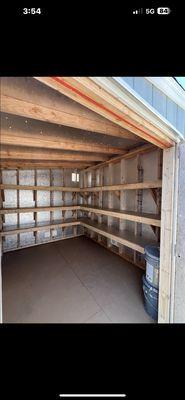 Inside the shed, shelves