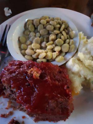 Very tender Meatloaf,  mashed potatoes,  and lima beans.