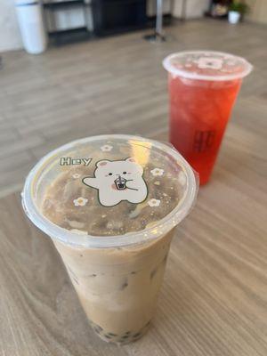 Hokkaido Milk Tea with honey boba and Strawberry Tea with popping boba