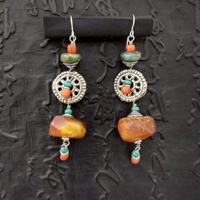 Amber, coral, turquoise, Peru opal and white bronze lightweight earrings