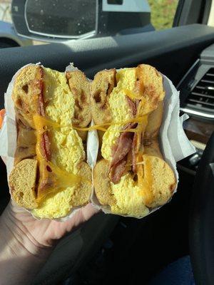 Turkey bacon egg and cheese on a French toast bagel!