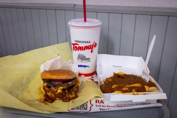 Tommy's Chili Cheeseburger, Chili Cheese Fries, and a Drink $18.05