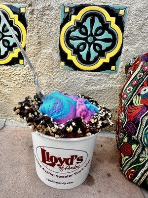 Cotton candy ice cream in a chocolate & peanut waffle bowl! Yum!!