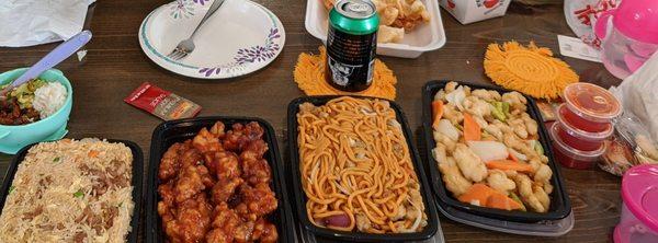 Pork fried rice, orange chicken, chicken chow mein, sweet and sour chicken