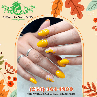 Embrace the vibrant hues of autumn with our yellow nail polish, a pop of sunshine to brighten up your fall look!