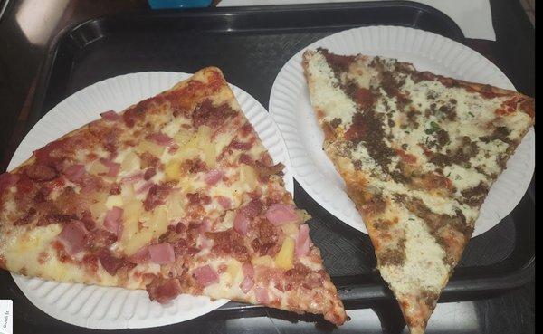 Hawaiian slice on the left, horrible, stinky, inedible lasagna slice on right. I wish I could have had it scientifically analyzed.