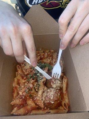 penne pasta with homemade meatballs