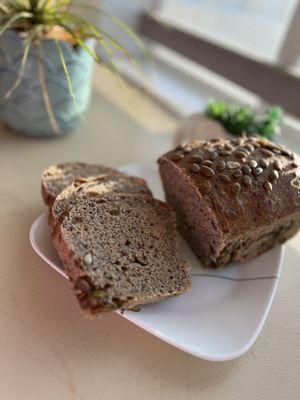 Seeded, honey, whole wheat sourdough sandwich loaf