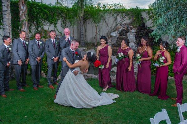 Bride & Groom in front of turtle pond/waterfall