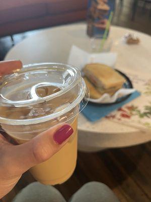 Vanilla cold brew and turkey pesto panini