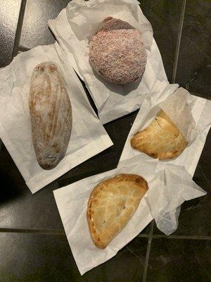 left: corn sugar and elote bread , upwards left is coconut raspberry then last two is pineapple empanadas