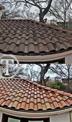 Roof washing using soft wash method