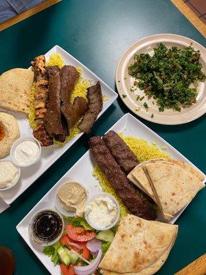 Ultimate Meat Platter and Kafta Kabob with extra pita. Tabouleh Salad on the side.