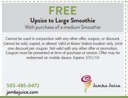 Free upsize to large smoothie with purchase of a medium smoothie at Jamba Juice