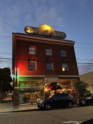 Hotel Mac illuminated at night