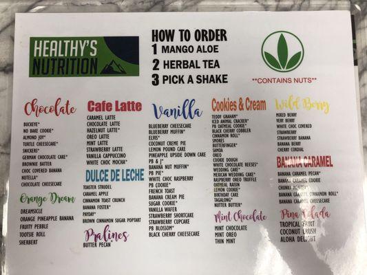 Menu with Herbalife meal & protein shake flavors