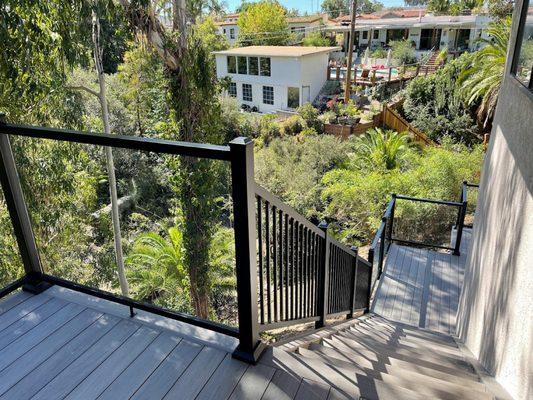 Deck & Railing, Full Glass Railing System on Deck, Vertical Pickets on Stairs