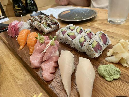 sushi date night! a couple rolls, sashimi, and nigiri