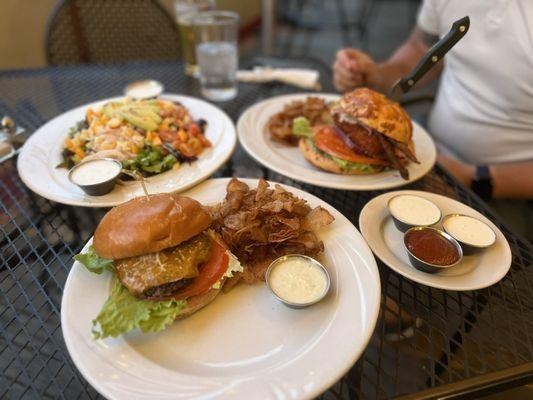 The Shorty Burger (smaller version), Crispy Chicken Sandwich, Chef Cobb Salad.