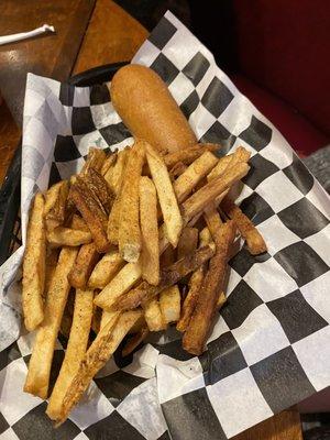 Kids corn dog basket with fries.