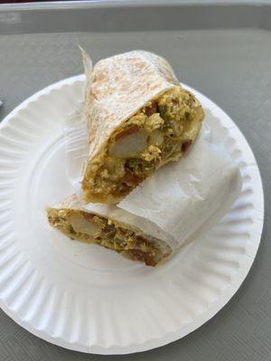 Chorizo and jalapeño breakfast burrito.