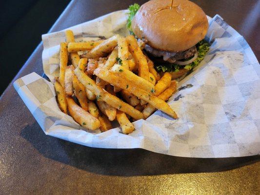 Wine burger with garlic fries