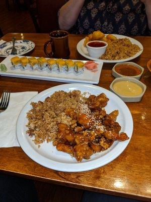 Lunch special, sesame chicken and sweet and sour. Comes with soup and ice cream!