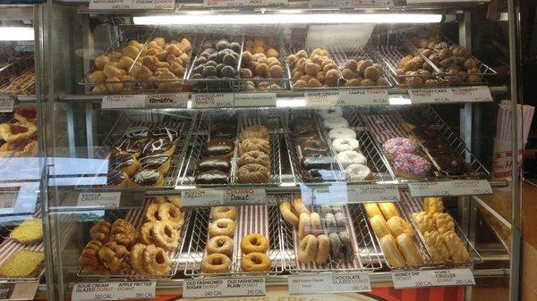 what looks like an impressive array in nicely fresh donuts aren't quite nicely fresh some of been out for a while and not replaced