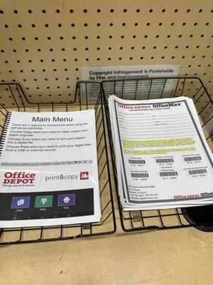 Instruction documents and cover fax documents in the self-service printing center.