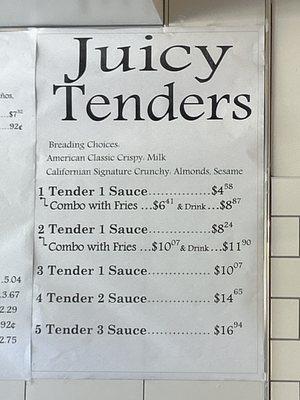 Menu for tenders