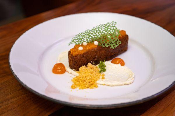 Not so Classic Carrot Cake - Carrot Sponge, Carrot Caramel, White Chocolate, Whipped Ricotta, Brown Butter Crumble, Carrot Gel, Chervil