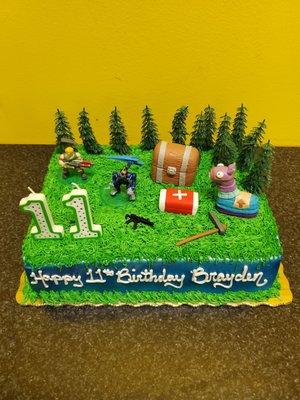 1/4 sheet, "grass" cake by Publix bakery. I added the toppers and candles.