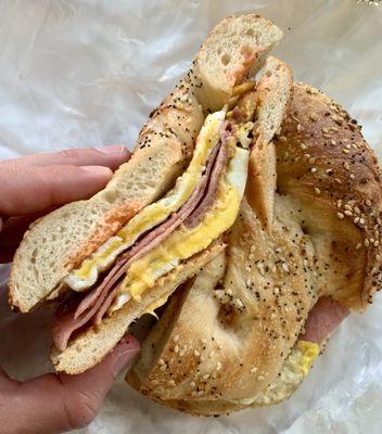 Taylor Ham Eggs & Cheese Sandwich on an Everything Bagel