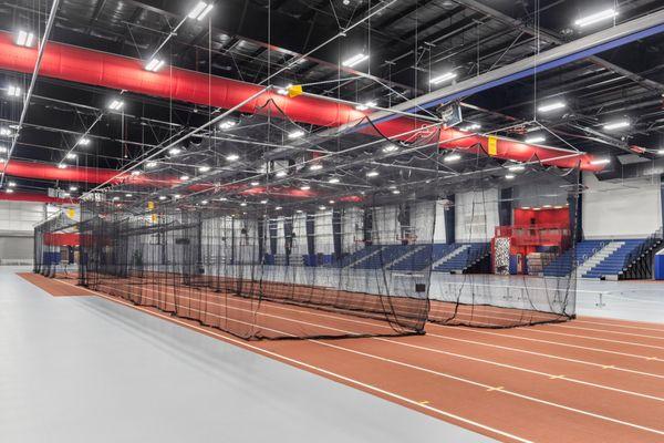 Batting cages come down over sprint lanes.