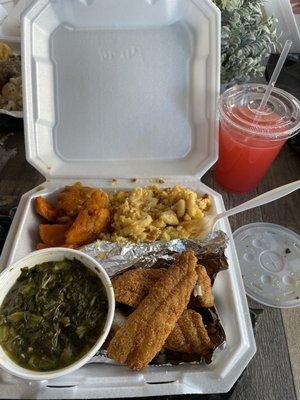 Catfish greens Mac n cheese sweet potatoes corn bread and kook aid mix