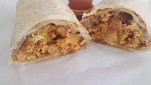 Chorizo breakfast burrito with beans added.