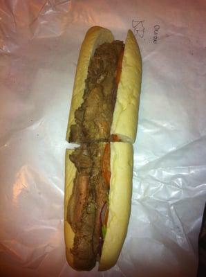 Overdone roast beef sub