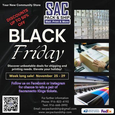 Black Friday Savings at SAC PACK AND SHIP! 
This Black Friday, we're making shipping even more affordable for you! Whether you're sendi