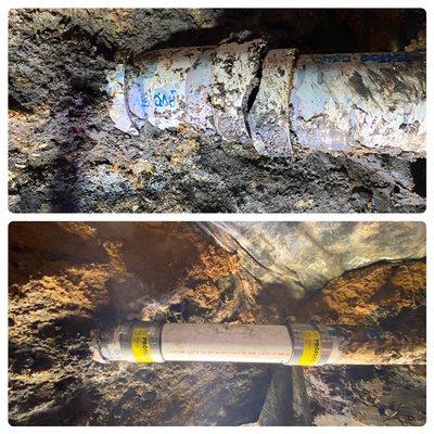 Before/after sewer repair under foundation