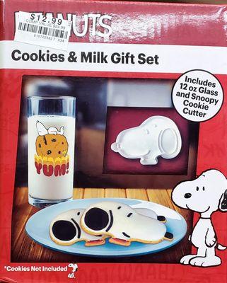 "Peanuts cookie & milk gift set. Includes 12 oz glass and Snoopy cookie cutter". Adorbs!!