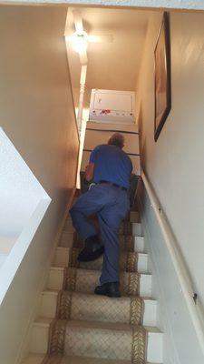 ABC Appliance sd not possible to get the washer/dryer upstairs. photo shows my husband & plumber (with a broken foot) taking it upstairs.