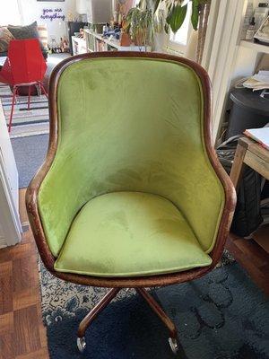 Green chair that has been reupholstered!