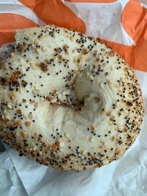 A RAW everything Bagel with Cream Cheese.