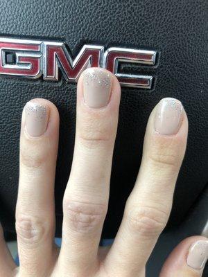 Gel polish I wanted more nude that pink like the picture but they were spot on with the sparkles! $24